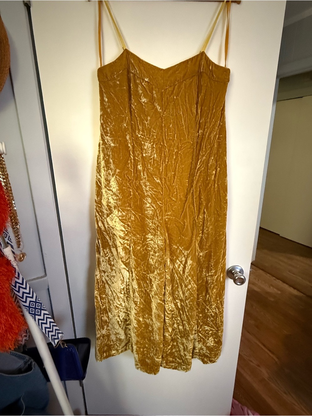 Anthropologie Mustard Yellow Velvet Slip Jumpsuit